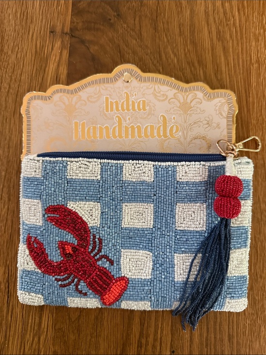 Accessories - LOBSTER! Handmade Beaded Lobster Pouch in Blue & White 8”x 5” by Wandering Moon
